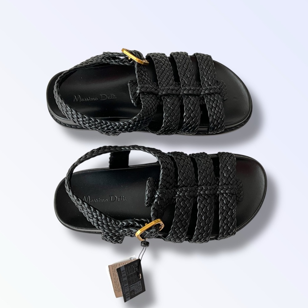 Woven Strap Black Women’s Sandals with Gold Buckle - Picture 5 of 9